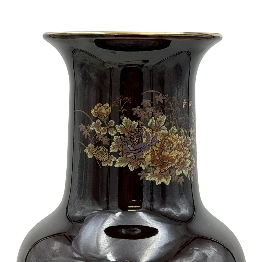 Vtg Japanese Shibata Style Gilded Floral Bird Ceramic Vase Dark Brown Gold 14in